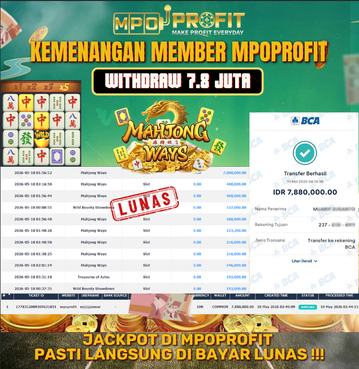 MPOPROFIT JACKPOT SLOT PGSOFT! KEMENANGAN MURNI DI (MAHJONG WAYS TOTAL RP 7.880.000,- LUNAS)